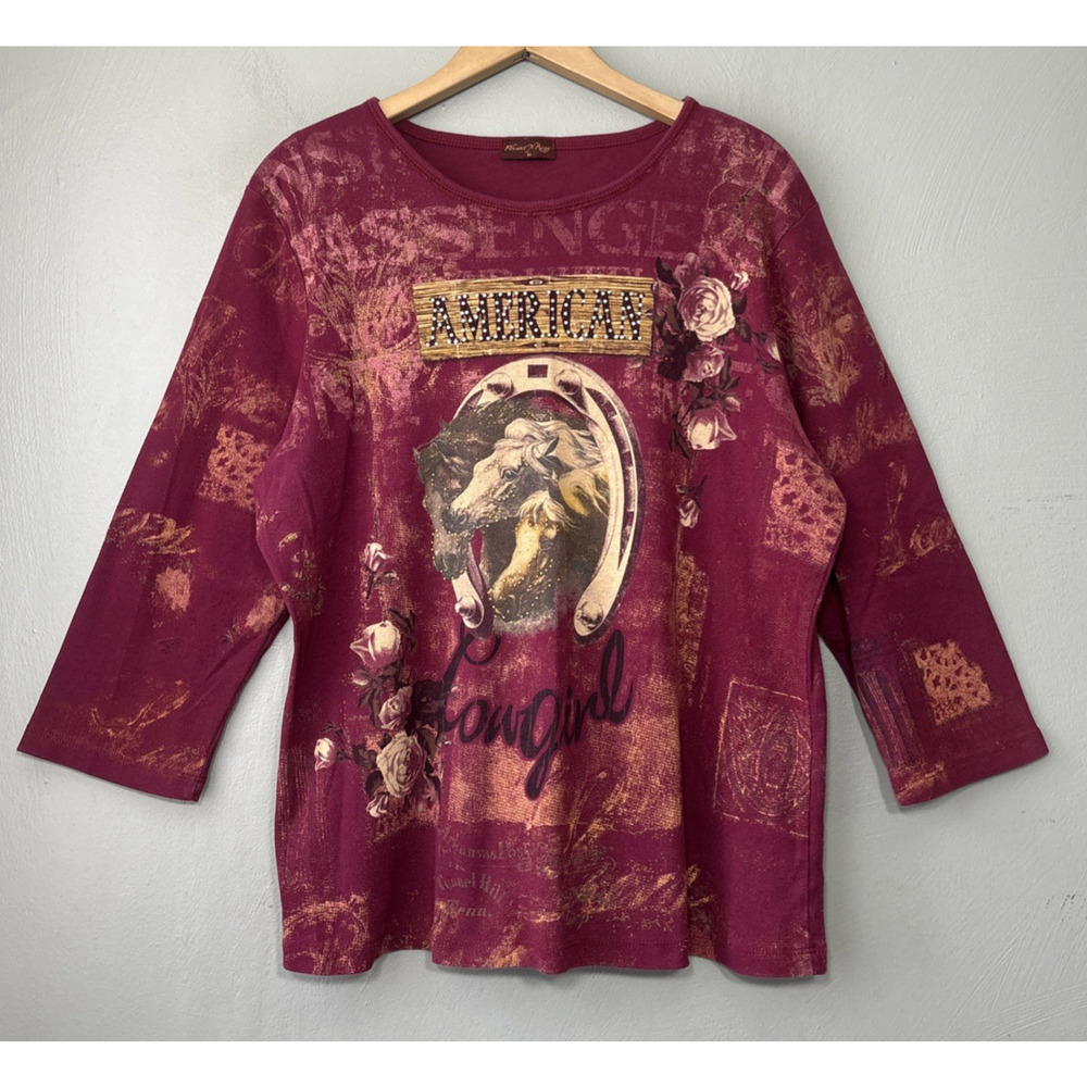 American Cowgirl Tee Top Plus Size 1X Knit Horse Western Embellished Shirt Roses